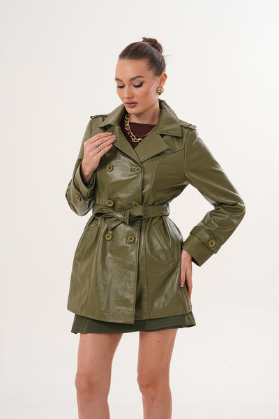 The Caelith Olive Green Leather Women Trench Jacket