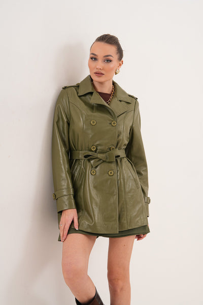 The Caelith Olive Green Leather Women Trench Jacket