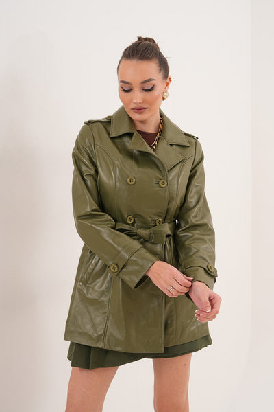 The Caelith Olive Green Leather Women Trench Jacket