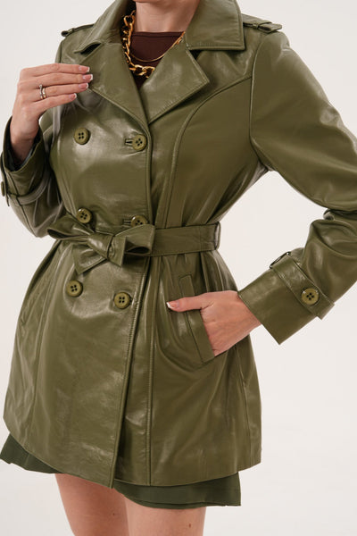 The Caelith Olive Green Leather Women Trench Jacket