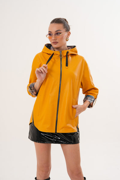 The Nyxara Reversible Hooded Mustard Yellow Leather Women Jacket