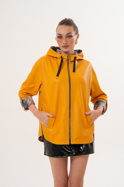 The Nyxara Reversible Hooded Mustard Yellow Leather Women Jacket