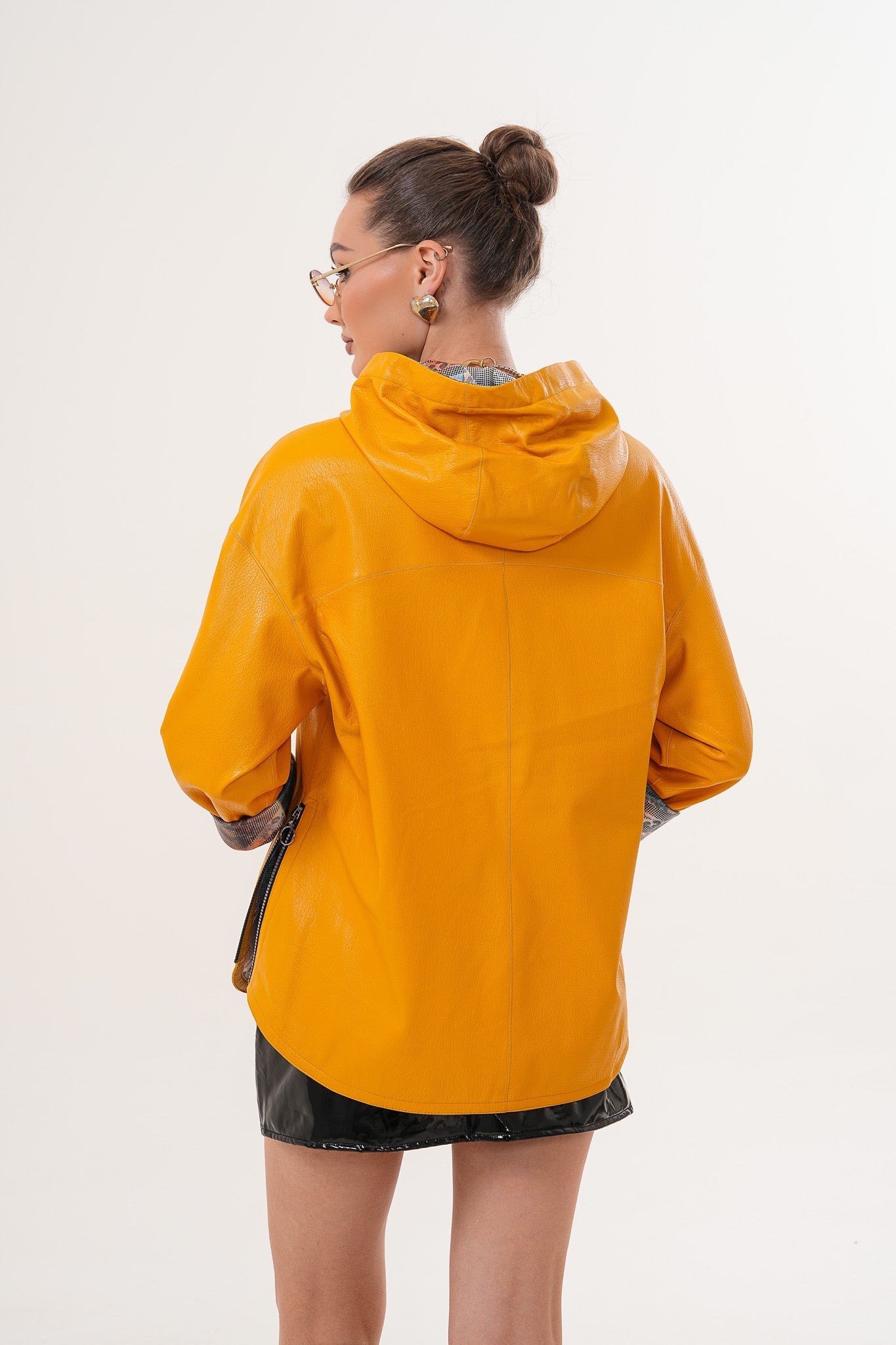 The Nyxara Reversible Hooded Mustard Yellow Leather Women Jacket