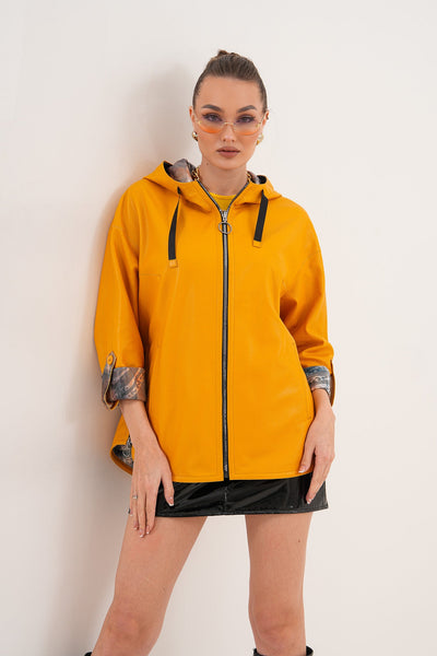 The Nyxara Reversible Hooded Mustard Yellow Leather Women Jacket