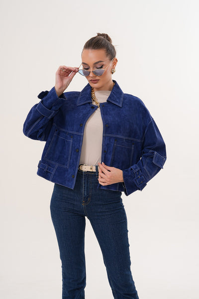 The Velmira Reversible Navy Blue Suede Leather Women Jacket
