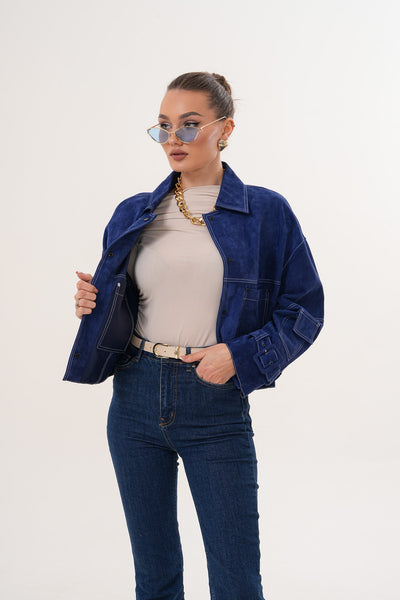 The Velmira Reversible Navy Blue Suede Leather Women Jacket