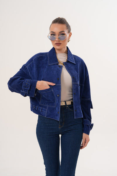The Velmira Reversible Navy Blue Suede Leather Women Jacket