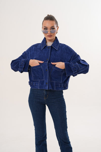 The Velmira Reversible Navy Blue Suede Leather Women Jacket