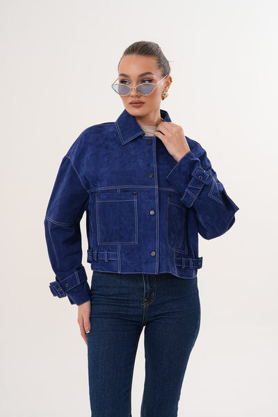 The Velmira Reversible Navy Blue Suede Leather Women Jacket
