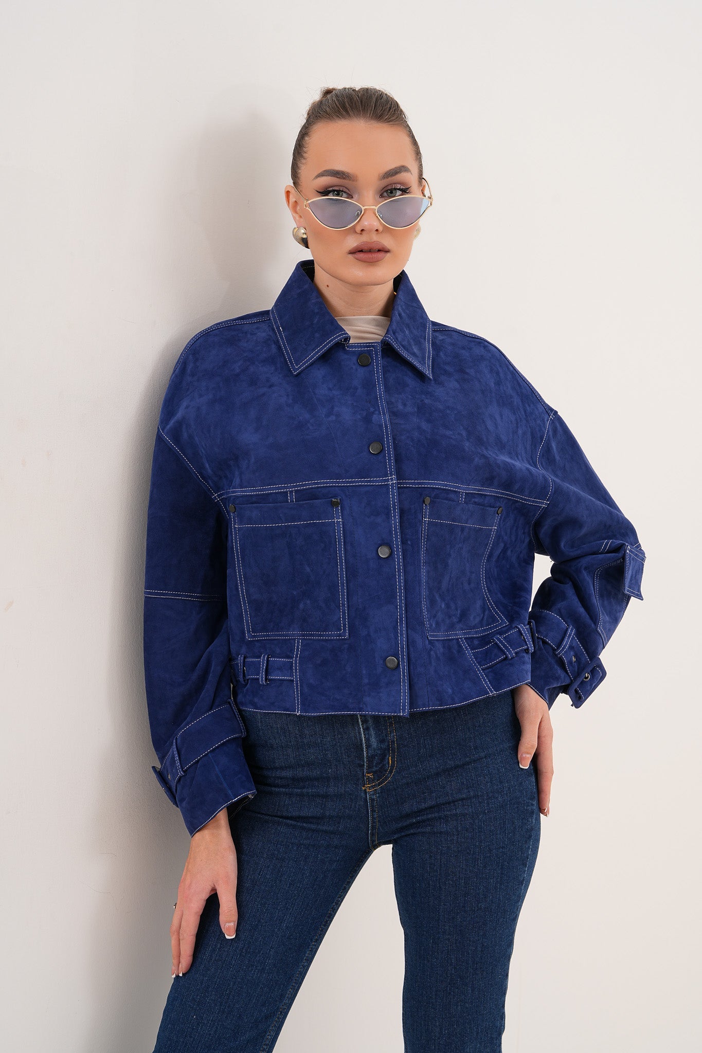 The Velmira Reversible Navy Blue Suede Leather Women Jacket