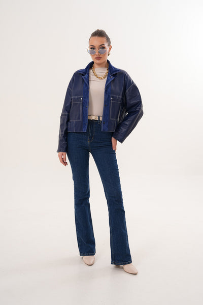 The Velmira Reversible Navy Blue Suede Leather Women Jacket
