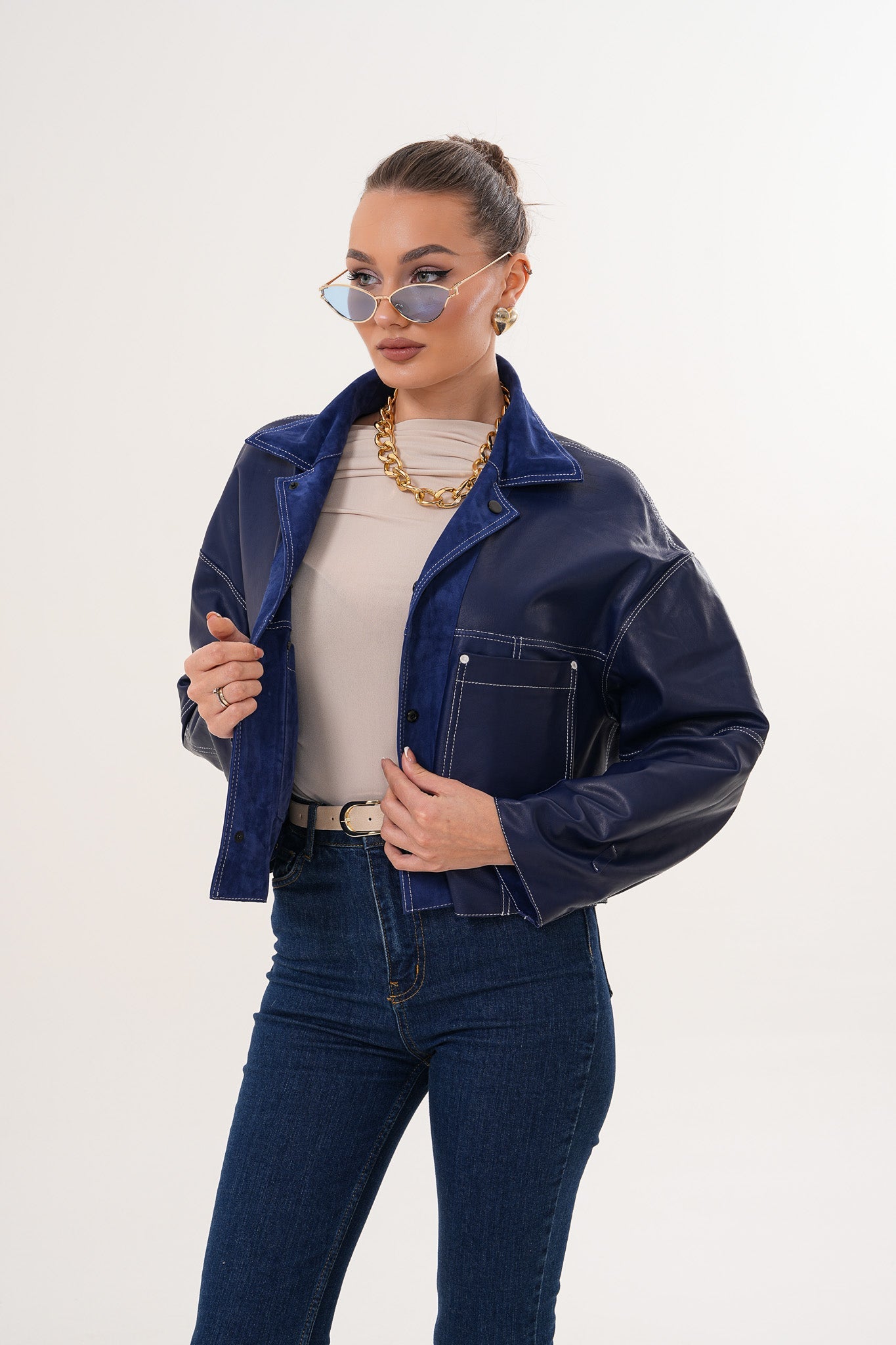 The Velmira Reversible Navy Blue Suede Leather Women Jacket