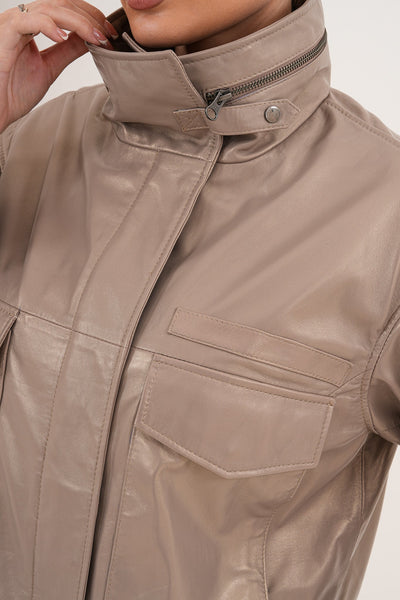 The Ravelyn Taupe Leather Women Jacket