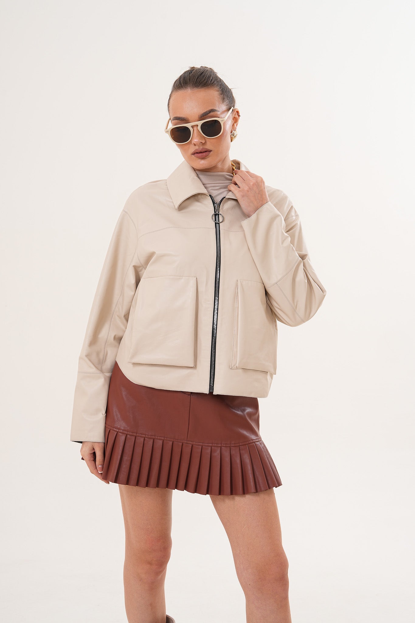 The Elvoria Reversible Beige Leather Jacket