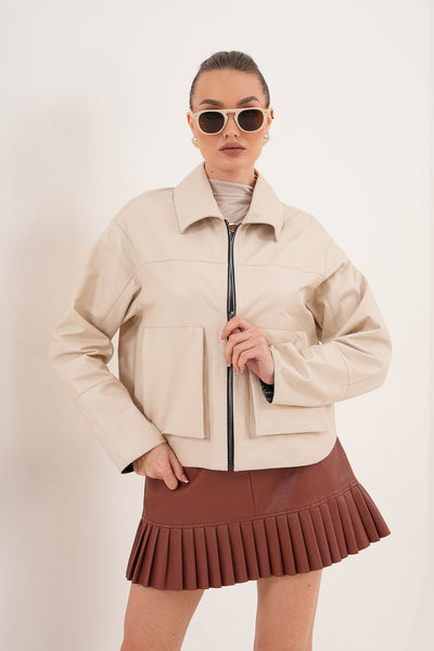 The Elvoria Reversible Beige Leather Jacket