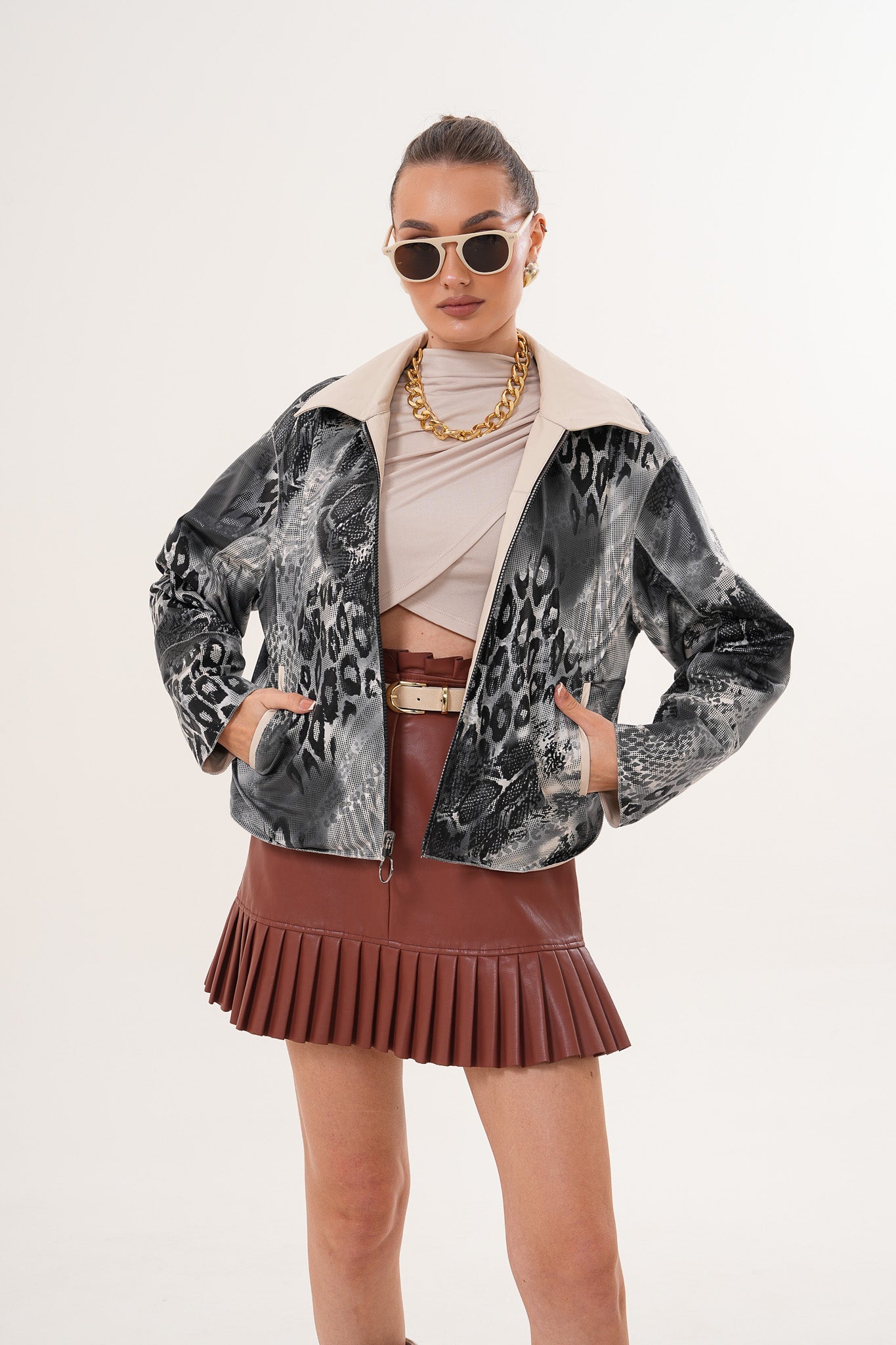 The Elvoria Reversible Beige Leather Jacket