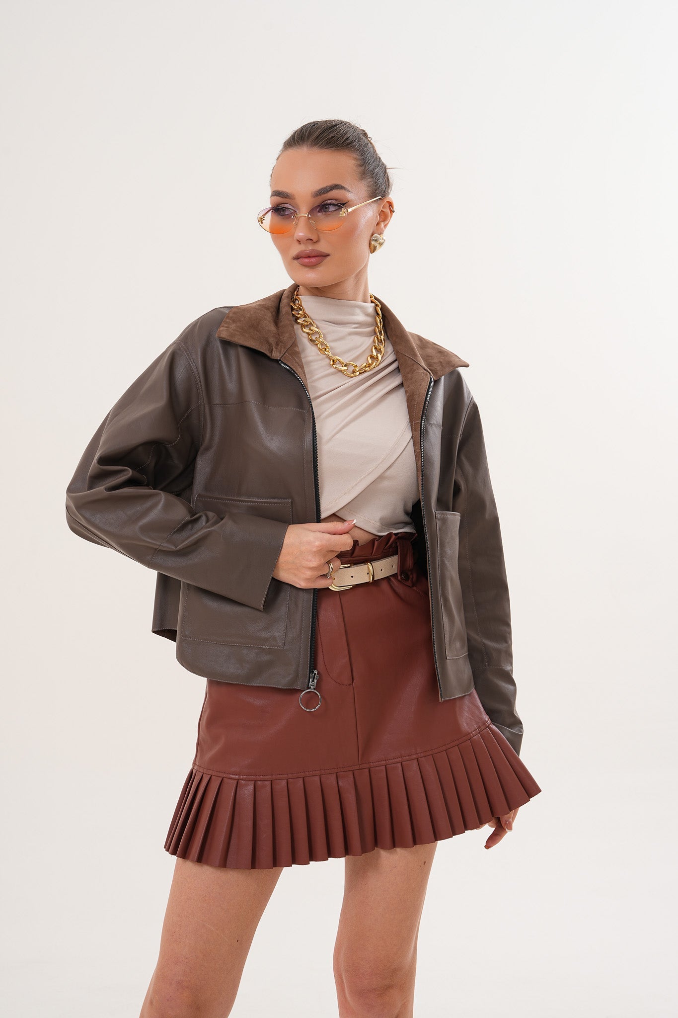 Elvoria Reversible Taupe / Suede Brown Leather Women Jacket
