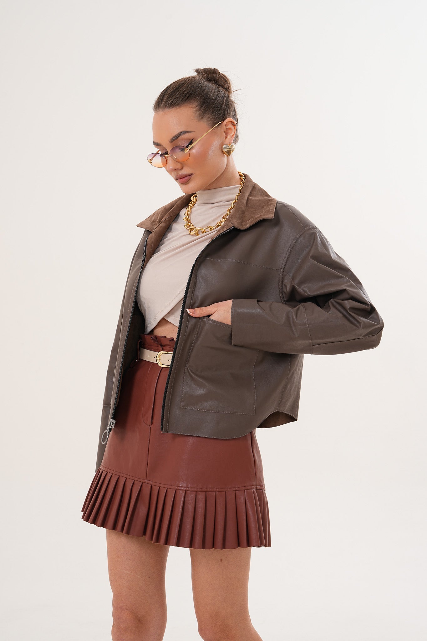 Elvoria Reversible Taupe / Suede Brown Leather Women Jacket