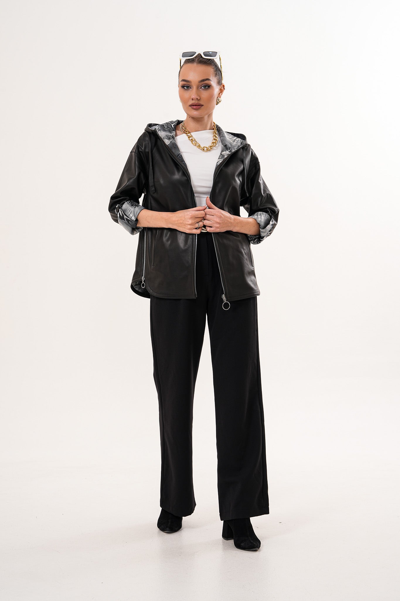 The Nyxara Reversible Hooded Black Leather Women Jacket