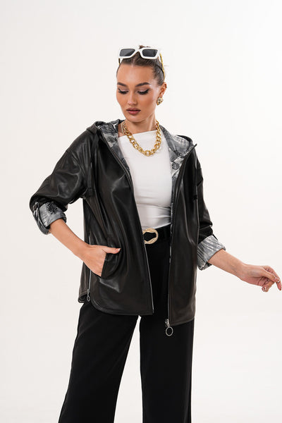 The Nyxara Reversible Hooded Black Leather Women Jacket