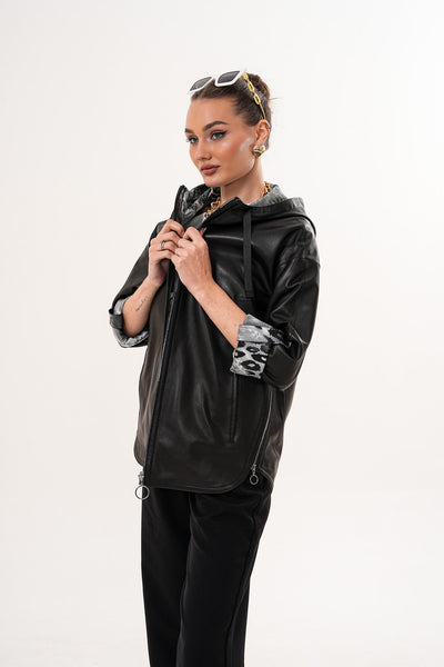 The Nyxara Reversible Hooded Black Leather Women Jacket