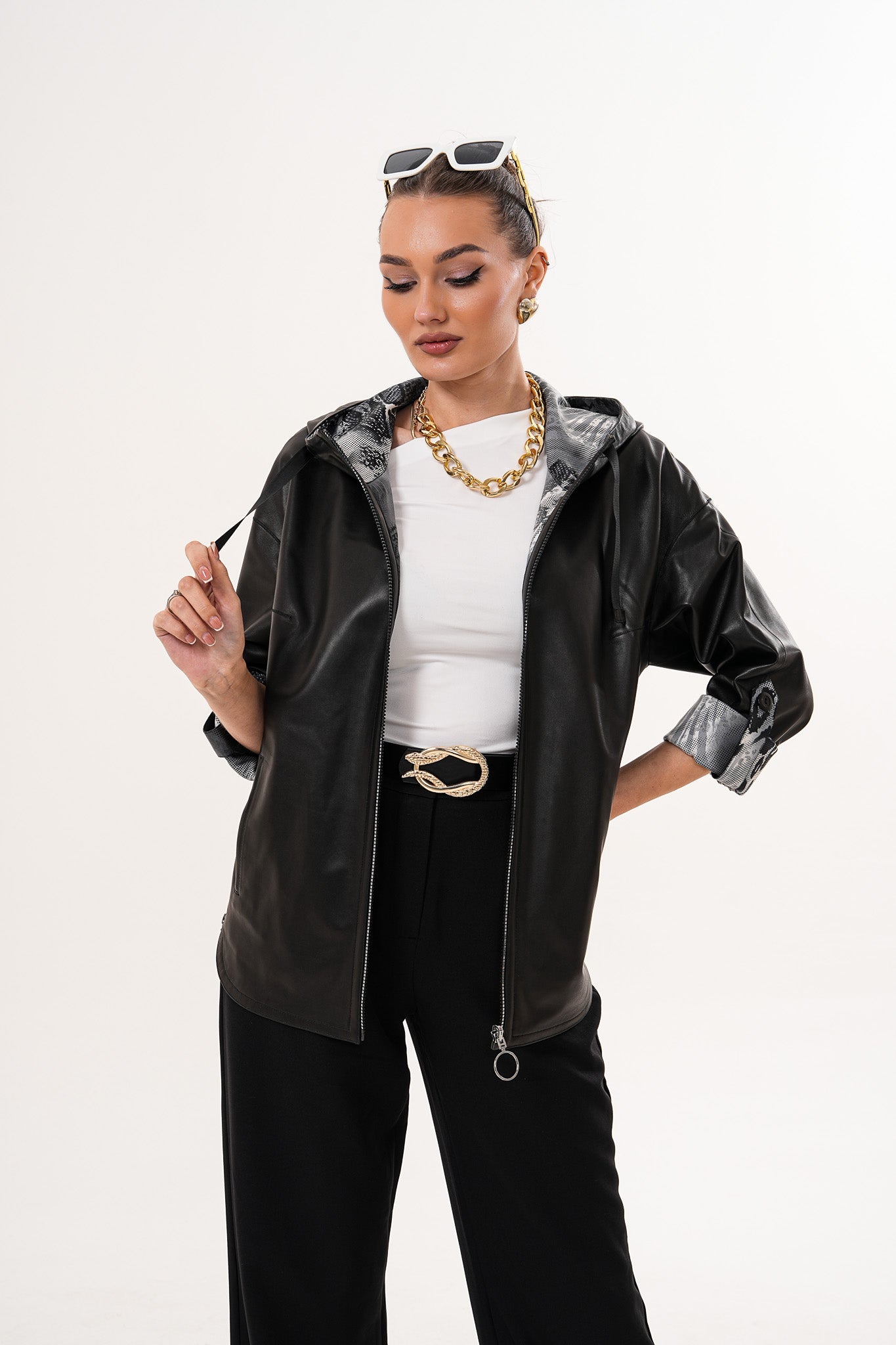 The Nyxara Reversible Hooded Black Leather Women Jacket