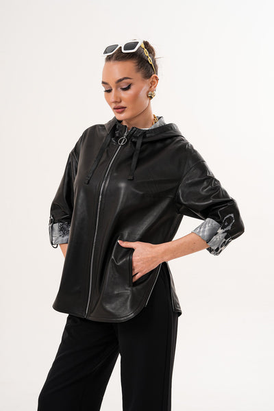 The Nyxara Reversible Hooded Black Leather Women Jacket
