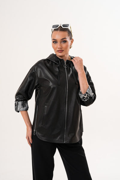 The Nyxara Reversible Hooded Black Leather Women Jacket
