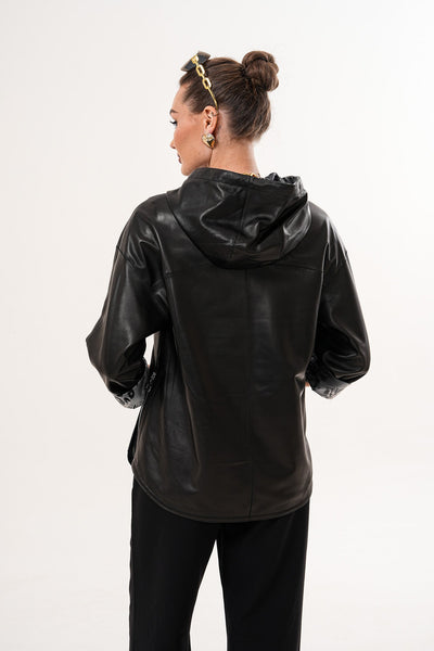 The Nyxara Reversible Hooded Black Leather Women Jacket