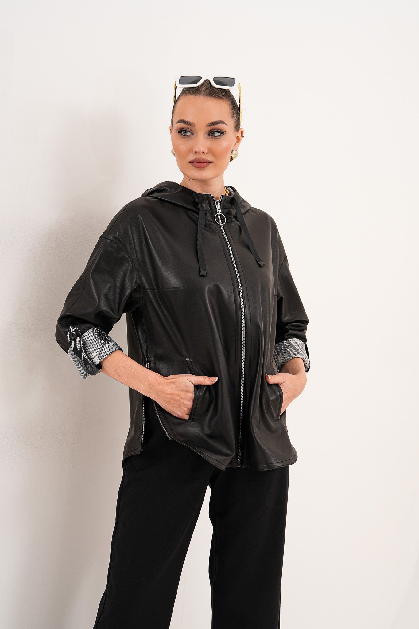 The Nyxara Reversible Hooded Black Leather Women Jacket