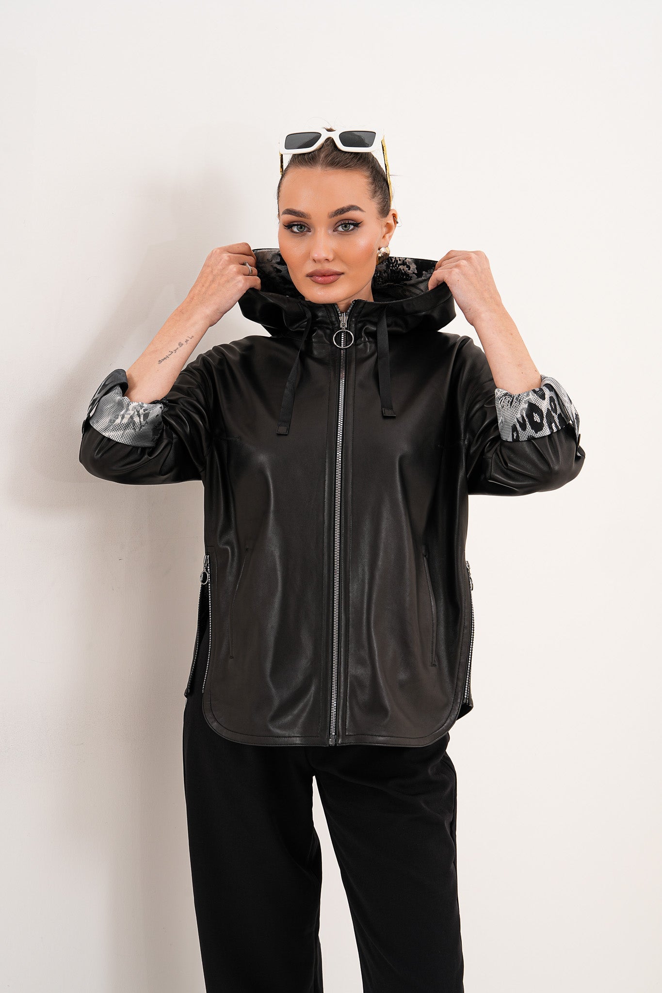 The Nyxara Reversible Hooded Black Leather Women Jacket