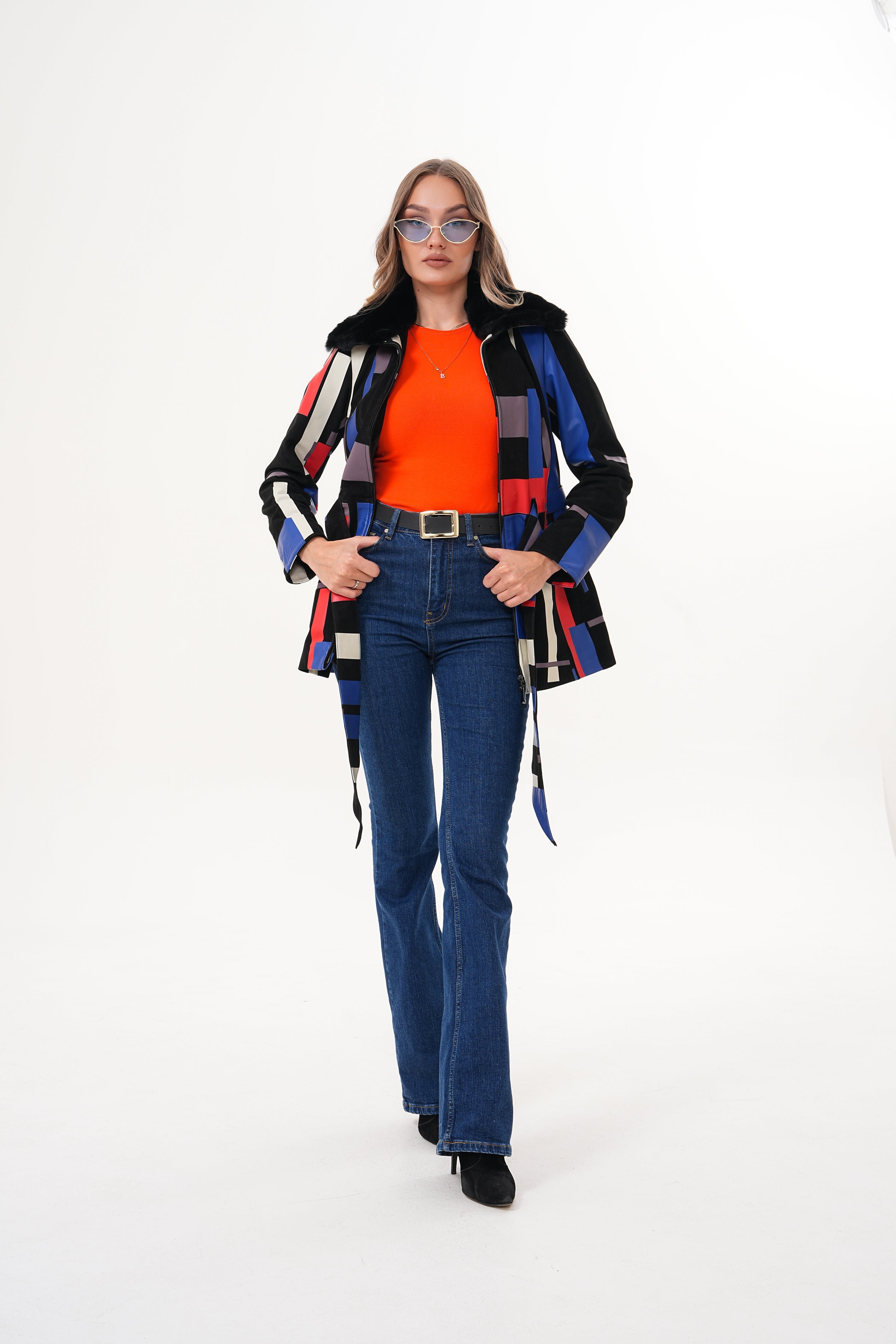 The Mirage Geo Pattern Multicolor Leather Women Jacket