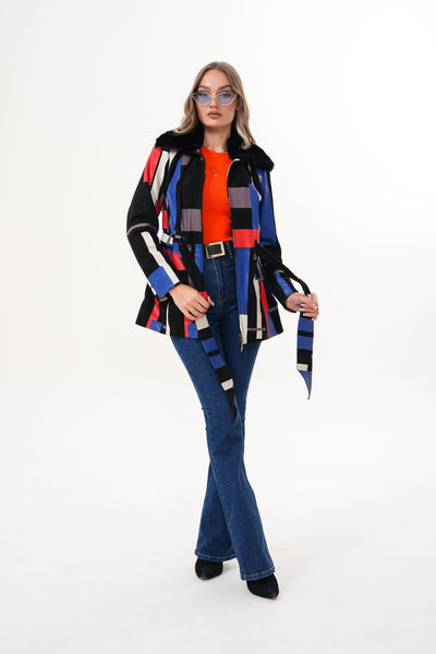 The Mirage Geo Pattern Multicolor Leather Women Jacket