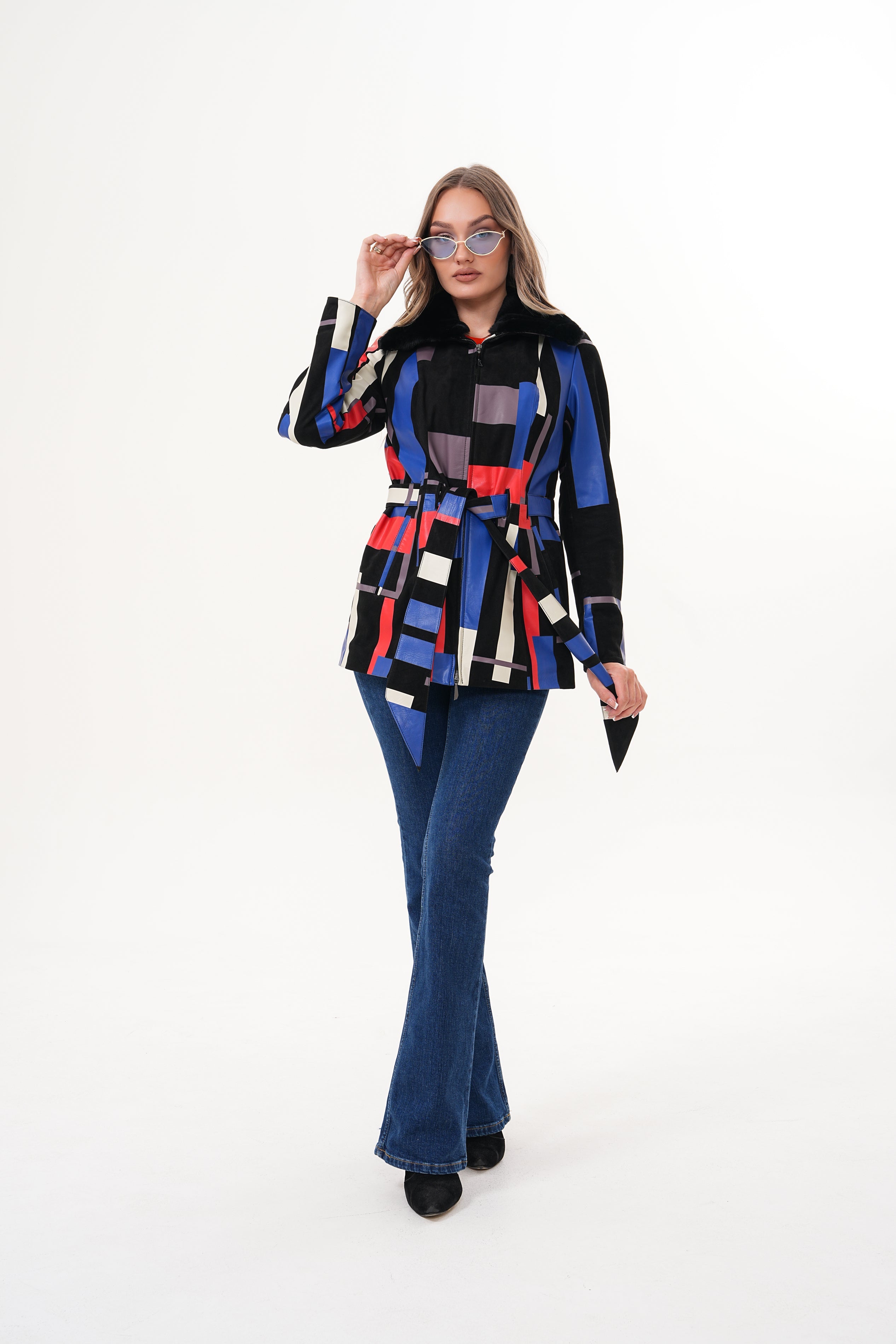 The Mirage Geo Pattern Multicolor Leather Women Jacket