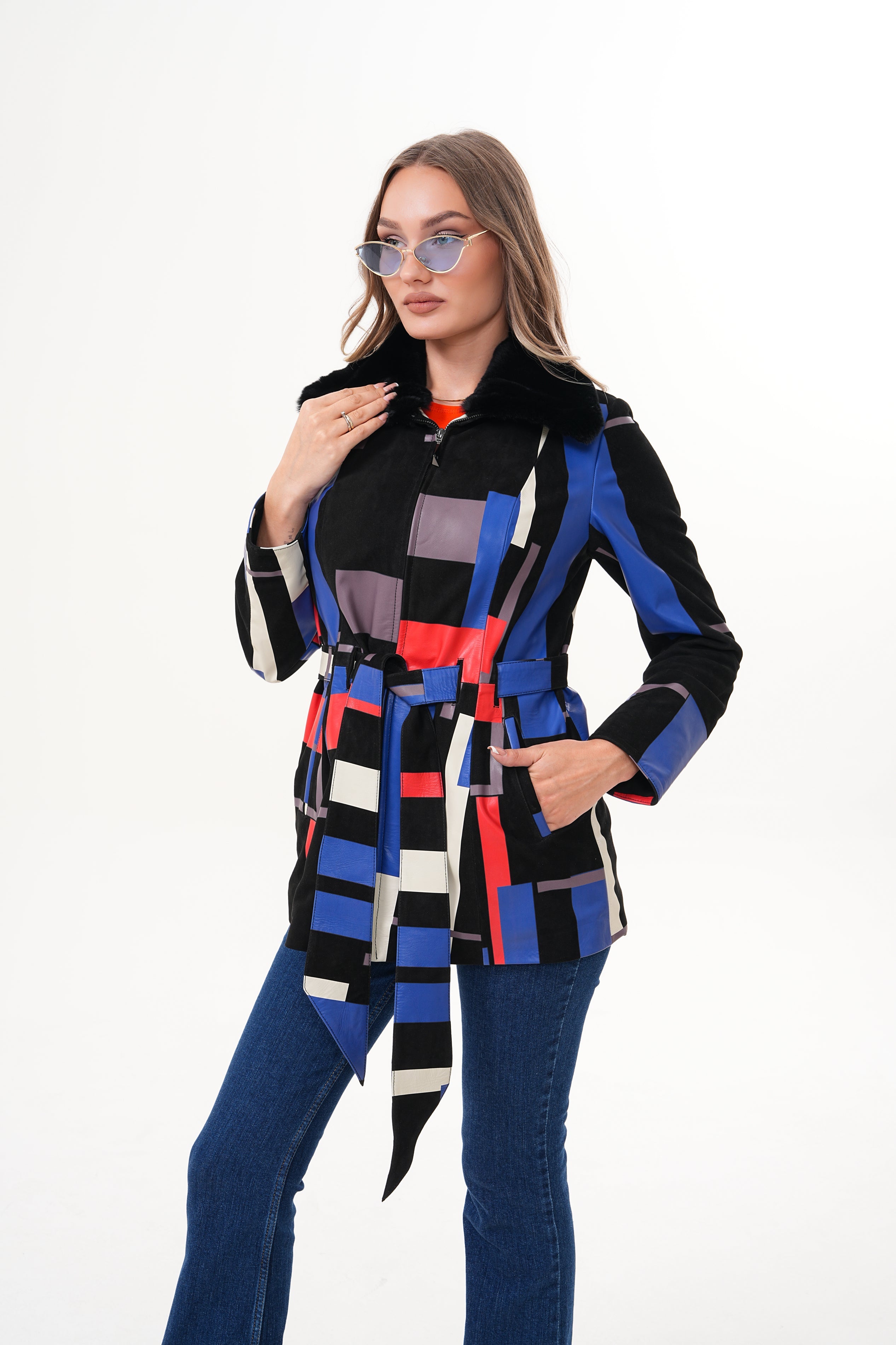 The Mirage Geo Pattern Multicolor Leather Women Jacket