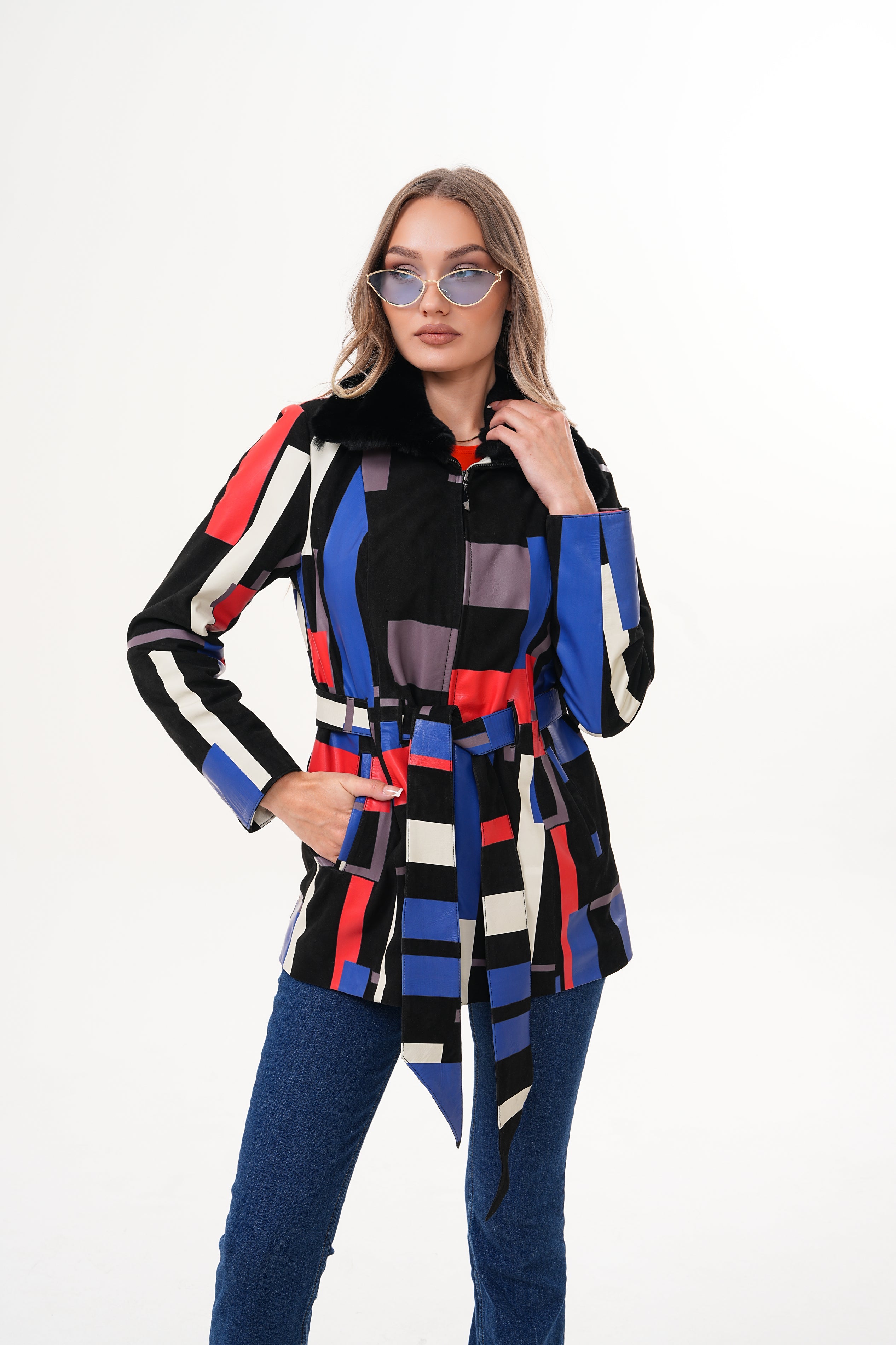 The Mirage Geo Pattern Multicolor Leather Women Jacket