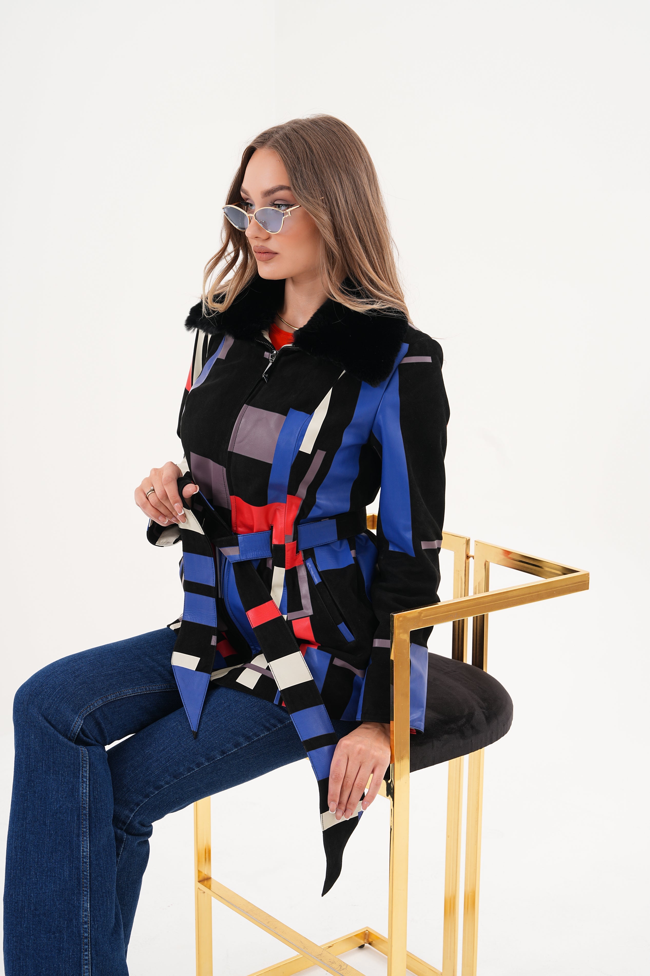 The Mirage Geo Pattern Multicolor Leather Women Jacket