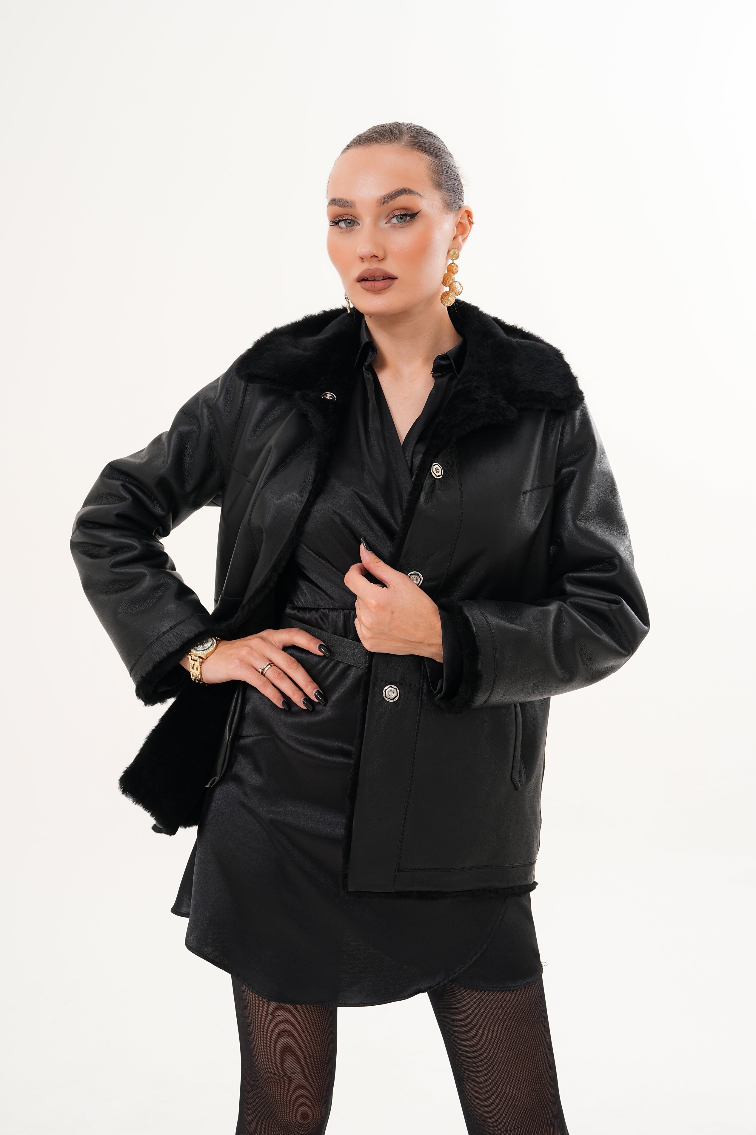 The Ava Black Reversible Shearling Leather Women Jacket