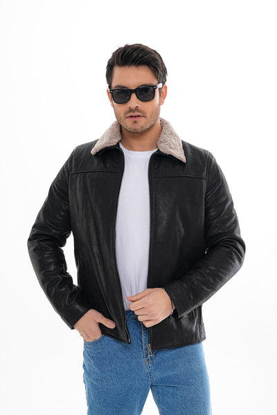 The Sarnico Black Shearling Collar Leather Men Jacket