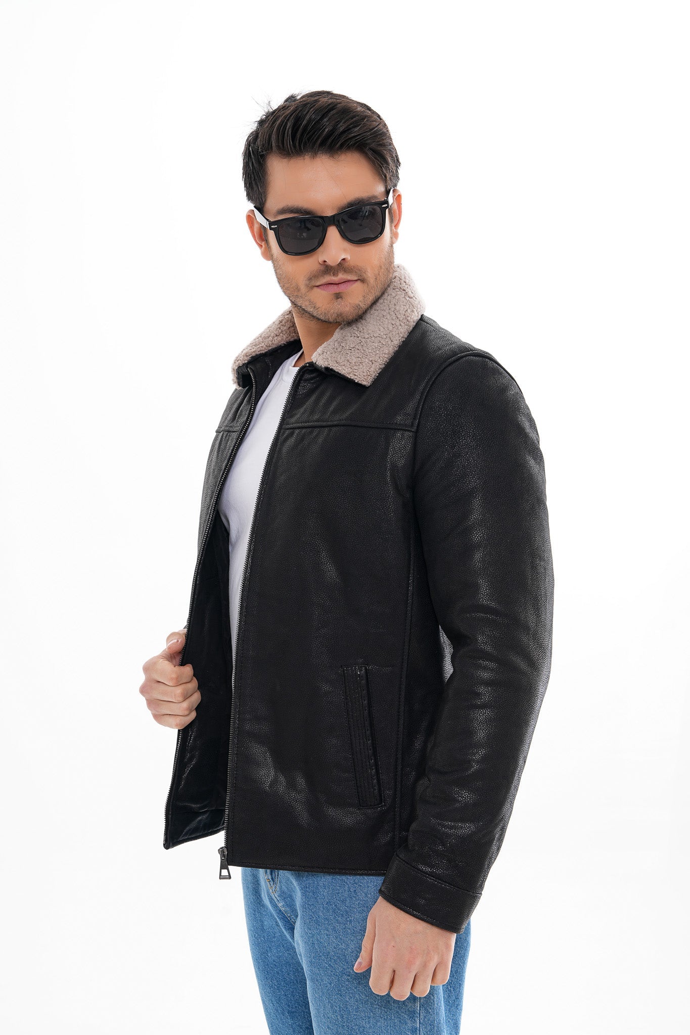 The Sarnico Black Shearling Collar Leather Men Jacket