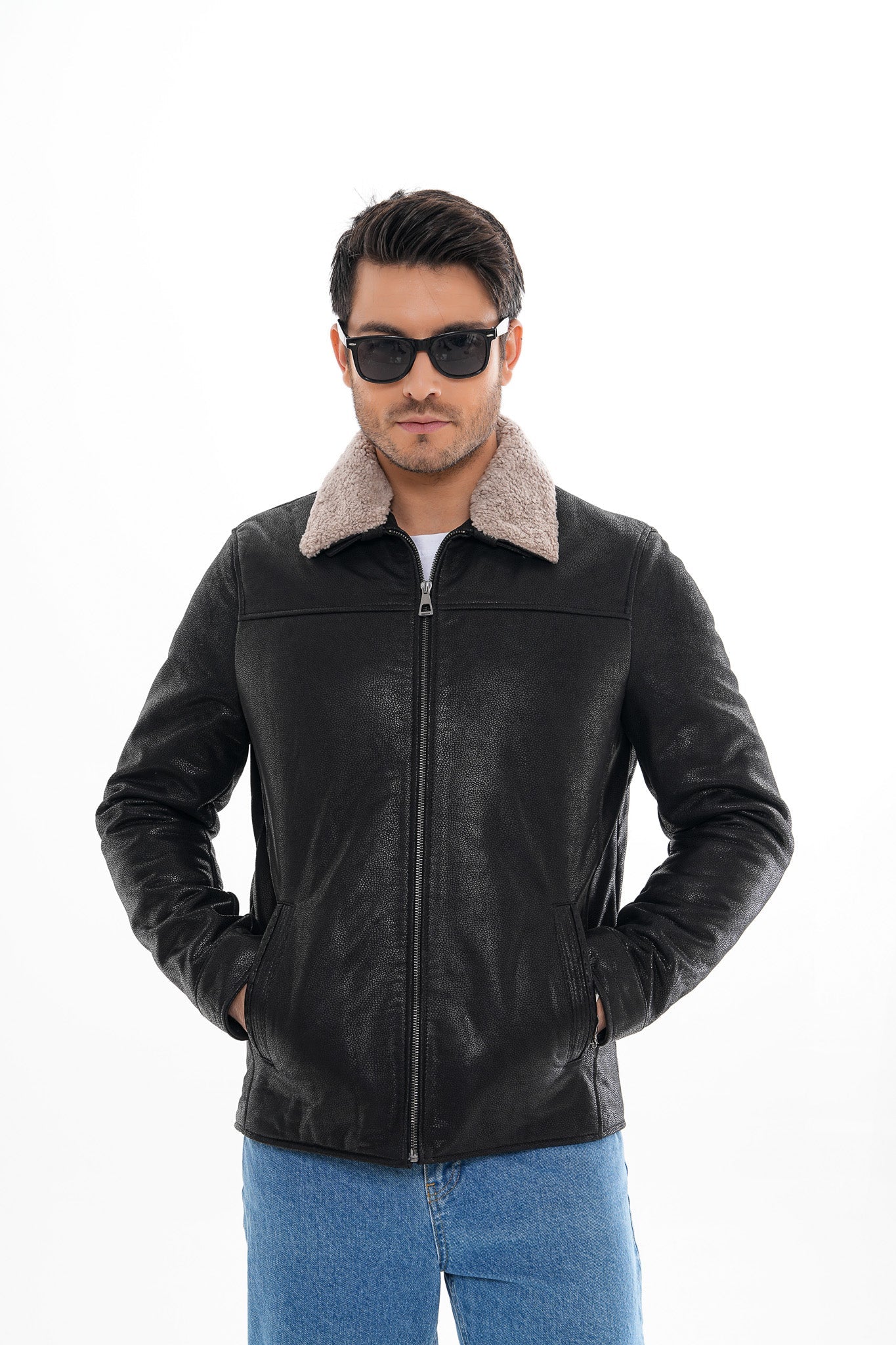 The Sarnico Black Shearling Collar Leather Men Jacket