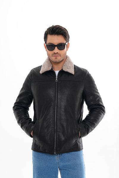 The Sarnico Black Shearling Collar Leather Men Jacket