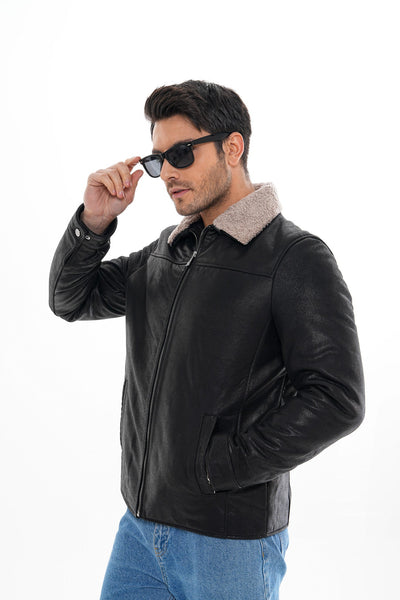 The Sarnico Black Shearling Collar Leather Men Jacket