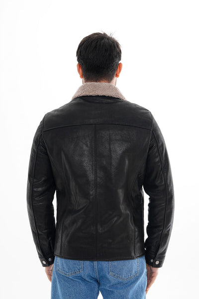 The Sarnico Black Shearling Collar Leather Men Jacket