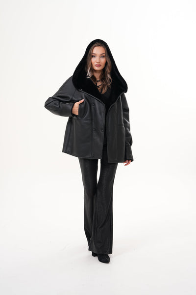 The Denali Hooded Black Shearling Leather Women Jacket