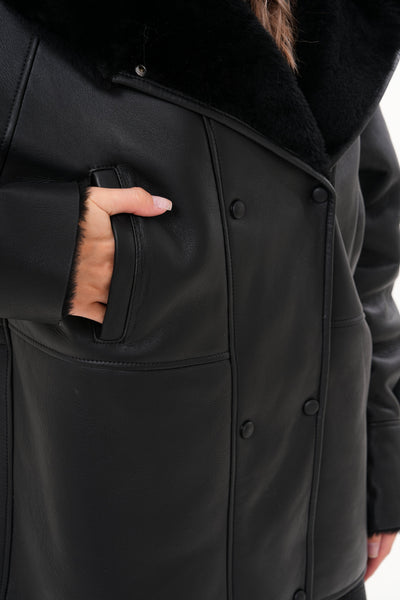 The Denali Hooded Black Shearling Leather Women Jacket