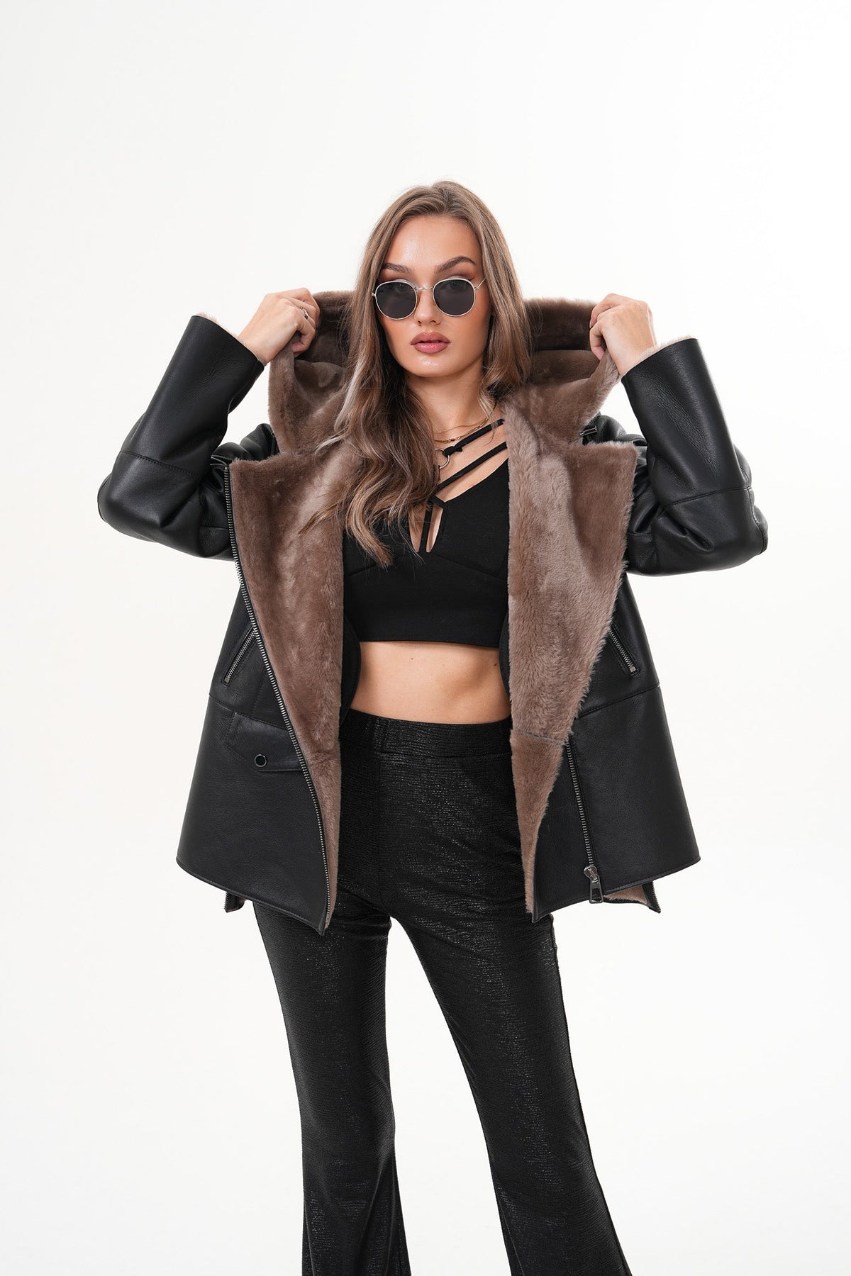 Vinci Leather The Duchess Shearling Brown Leather Women Hooded Jacket – product view 10