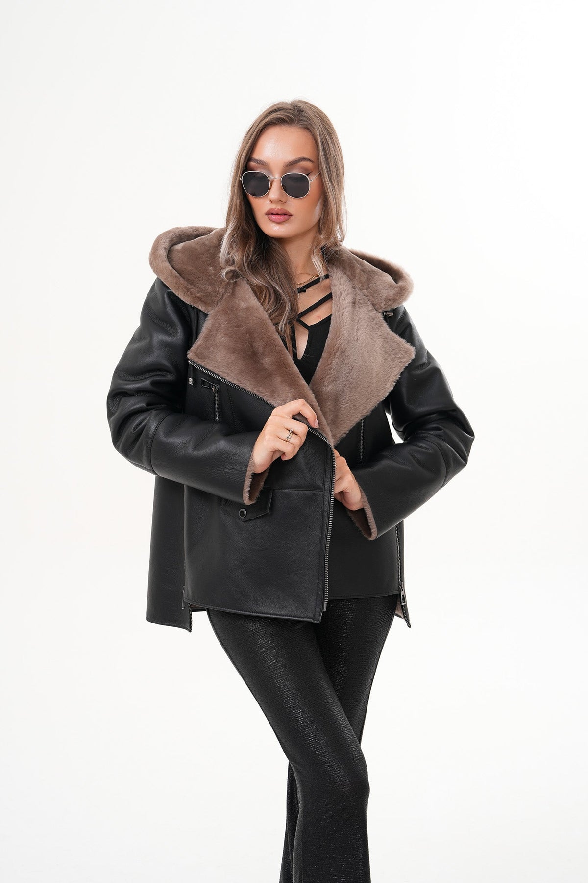 Vinci Leather The Duchess Shearling Brown Leather Women Hooded Jacket – product view 11