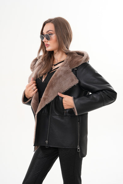 Vinci Leather The Duchess Shearling Brown Leather Women Hooded Jacket – product view 12