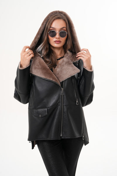 Vinci Leather The Duchess Shearling Brown Leather Women Hooded Jacket – product view 6